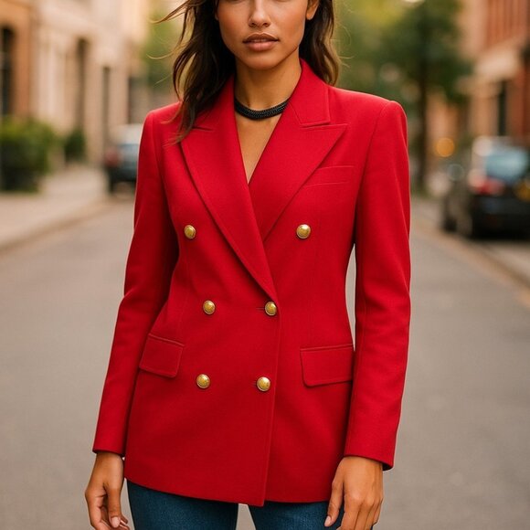 VINTAGE ESCADA Double Breasted Red Wool Blazer 42 10 Gold Buttons 1980s